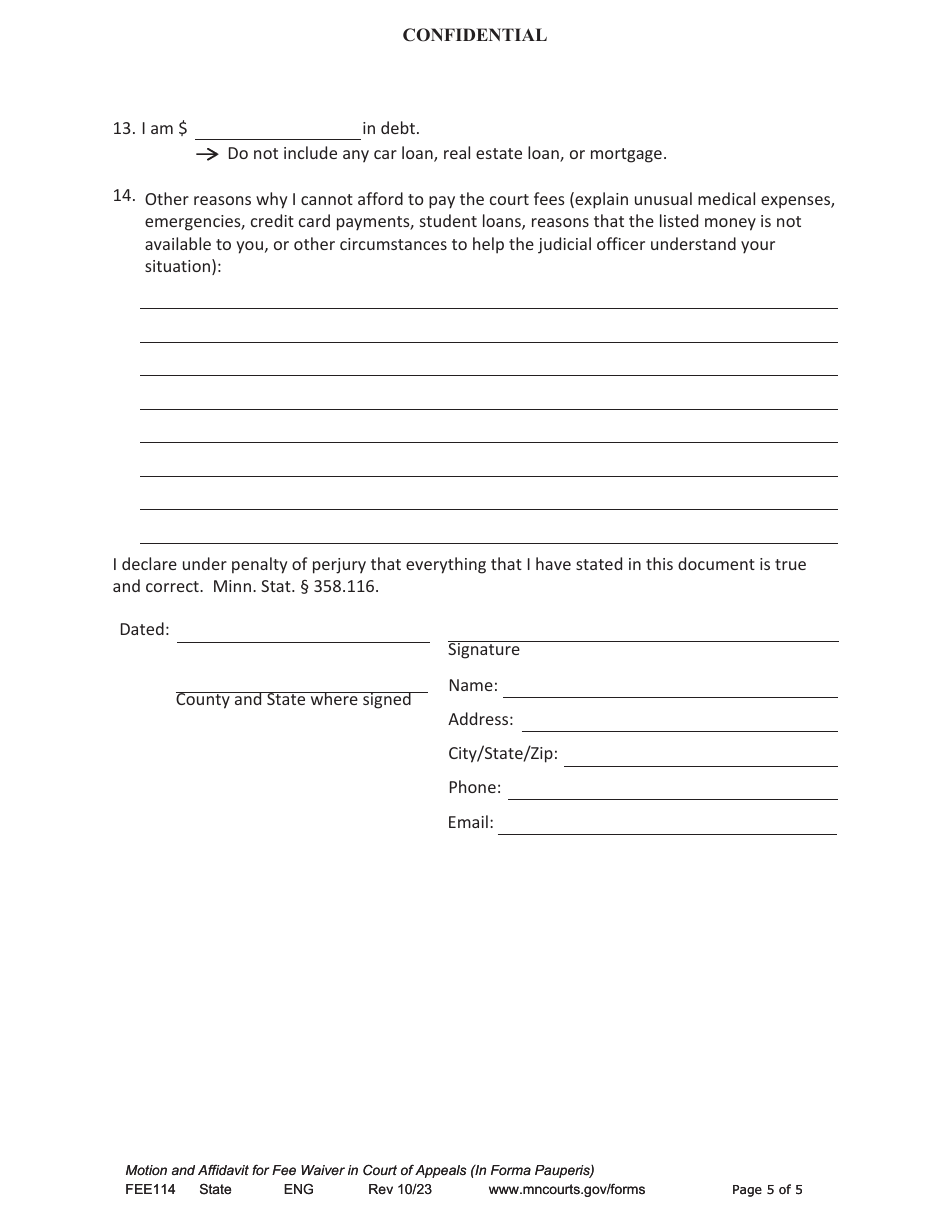 Form FEE114 Motion and Affidavit for Fee Waiver in the Court of Appeals (In Forma Pauperis) - Minnesota, Page 5