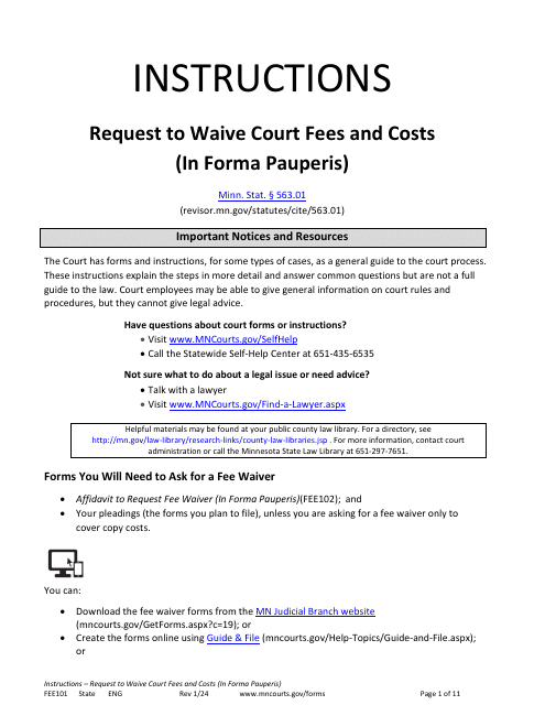 Form FEE101 Instructions - Request to Waive Court Fees and Costs (In Forma Pauperis) - Minnesota