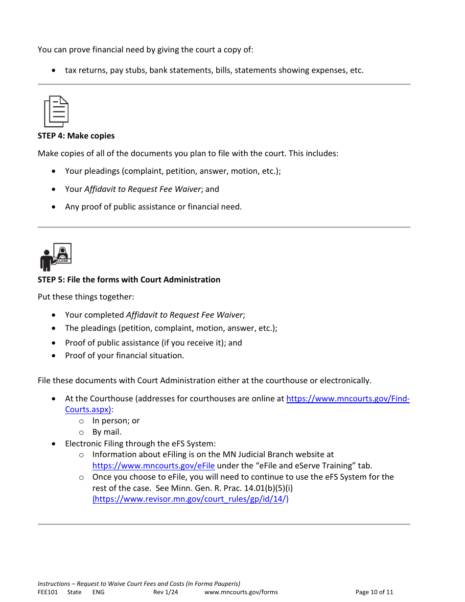 Form FEE101 Instructions - Request to Waive Court Fees and Costs (In Forma Pauperis) - Minnesota, Page 10