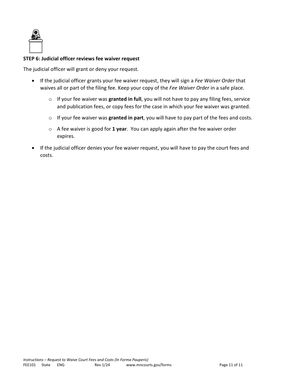 Form FEE101 Instructions - Request to Waive Court Fees and Costs (In Forma Pauperis) - Minnesota, Page 11