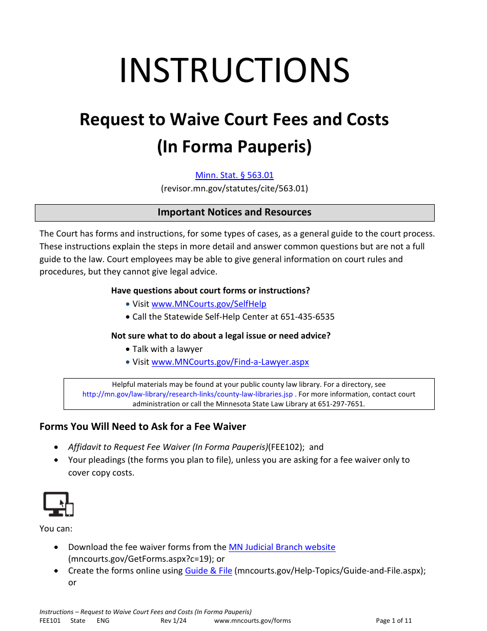 Form FEE101 Instructions - Request to Waive Court Fees and Costs (In Forma Pauperis) - Minnesota, Page 1