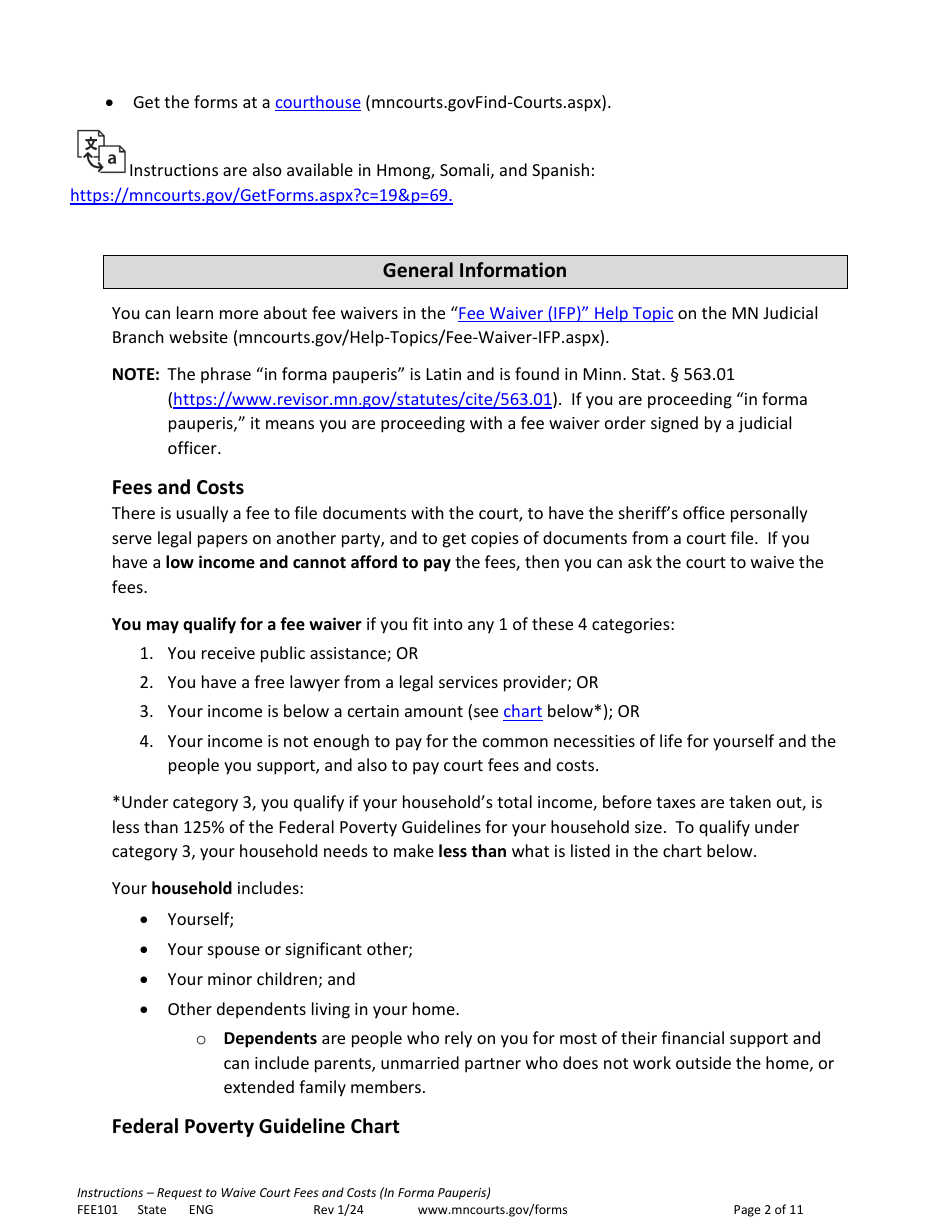 Form FEE101 Instructions - Request to Waive Court Fees and Costs (In Forma Pauperis) - Minnesota, Page 2