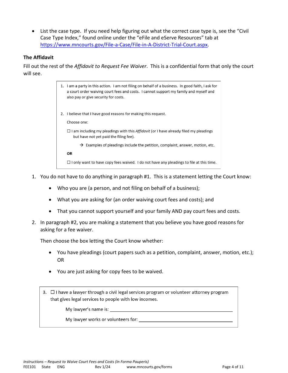 Form FEE101 Instructions - Request to Waive Court Fees and Costs (In Forma Pauperis) - Minnesota, Page 4