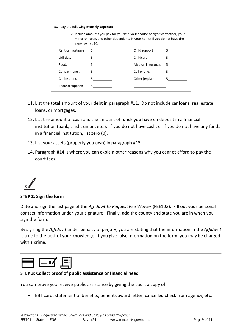 Form FEE101 Instructions - Request to Waive Court Fees and Costs (In Forma Pauperis) - Minnesota, Page 9