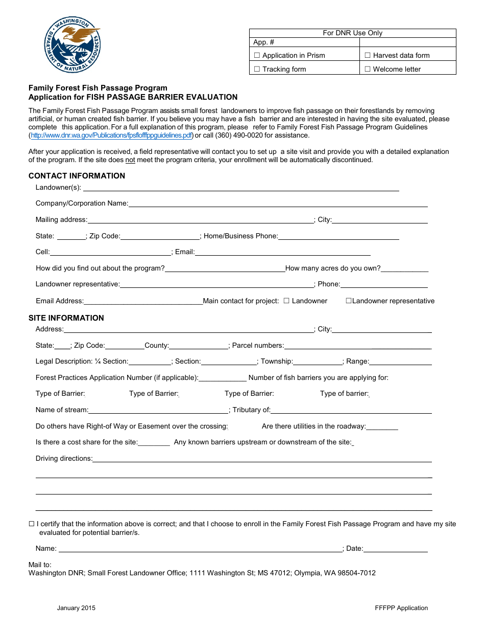 Application for Fish Passage Barrier Evaluation - Family Forest Fish Passage Program - Washington, Page 1