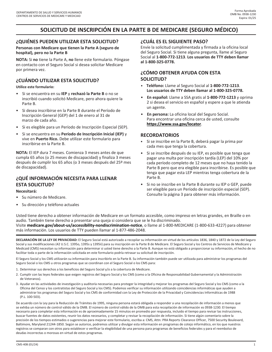 Formulario CMS-40B Solicitud De Inscripcion En La Parte B De Medicare (Seguro Medico) (Spanish), Page 1