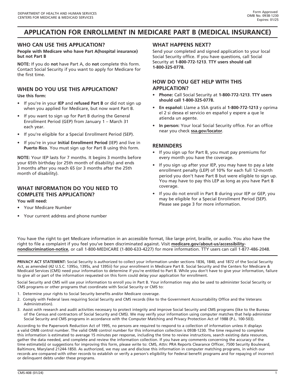 Form CMS-40B Application for Enrollment in Medicare Part B (Medical Insurance), Page 1