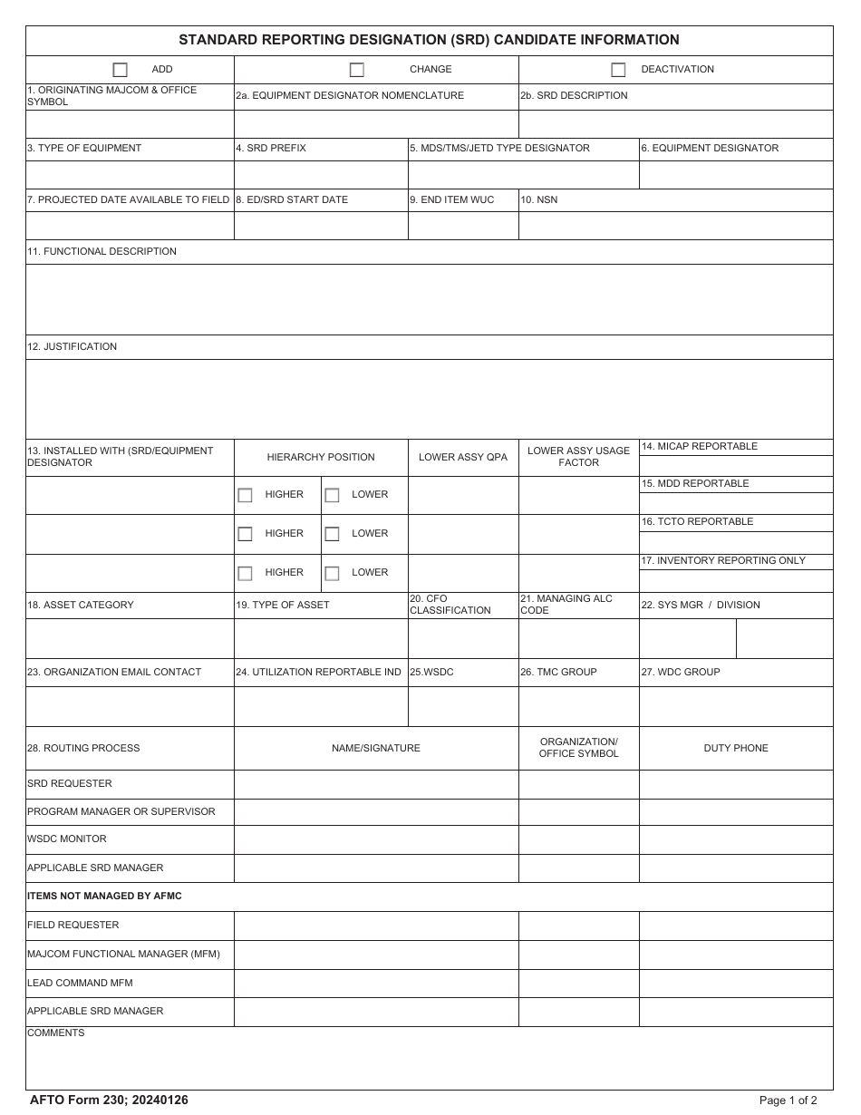 AFTO Form 230 Standard Reporting Designation (Srd) Candidate Information, Page 1