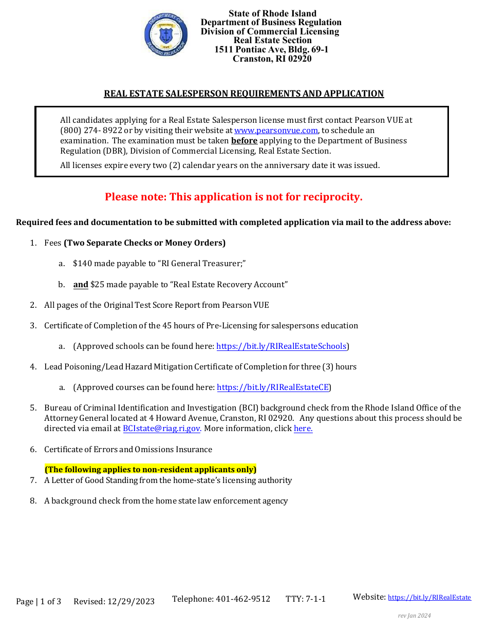Real Estate Salesperson Application - Rhode Island, Page 1