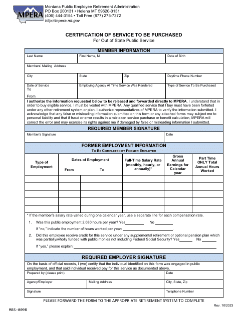 Form MBS-0098 Certification of Service to Be Purchased for out of State Public Service - Montana