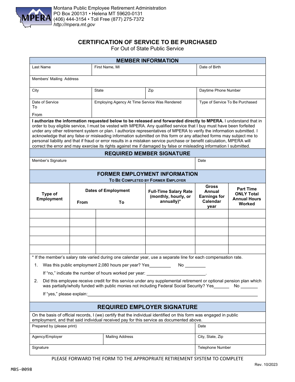 Form MBS-0098 Certification of Service to Be Purchased for out of State Public Service - Montana, Page 1