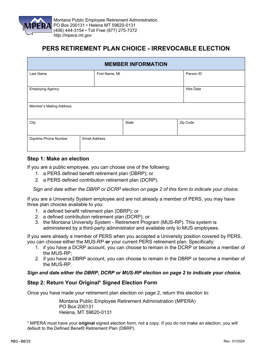 Form MBS-0039 Pers Retirement Plan Choice - Irrevocable Election - Montana, Page 1