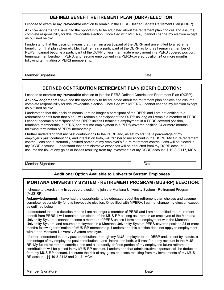Form MBS-0039 Pers Retirement Plan Choice - Irrevocable Election - Montana, Page 2