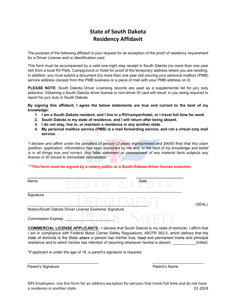 Residency Affidavit - South Dakota, Page 1