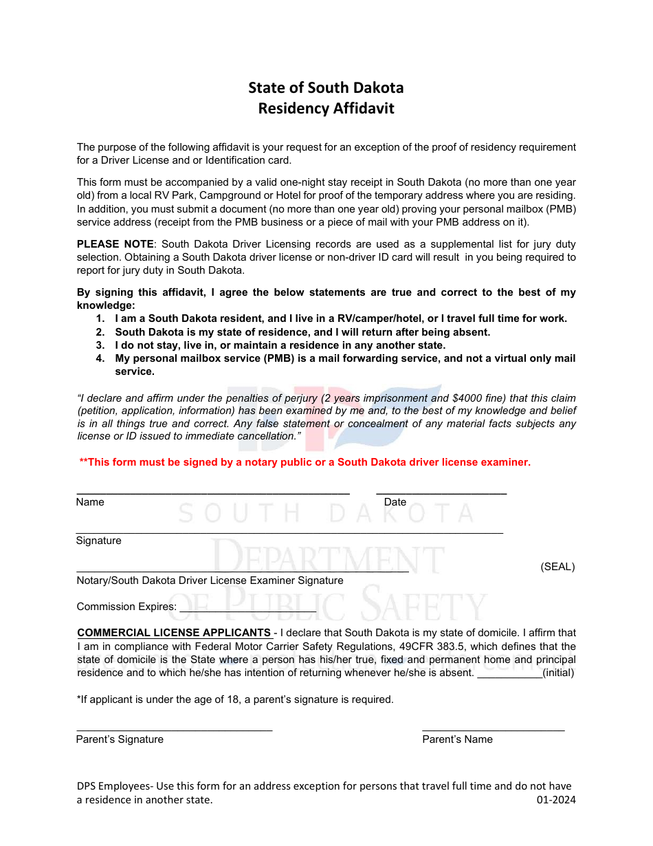 South Dakota Residency Affidavit Download Printable PDF 2022 — 2024
