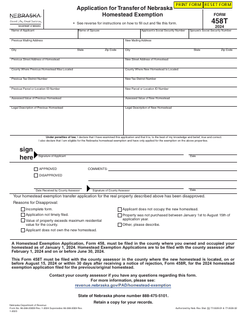 Form 458T Application for Transfer of Nebraska Homestead Exemption - Nebraska, 2024