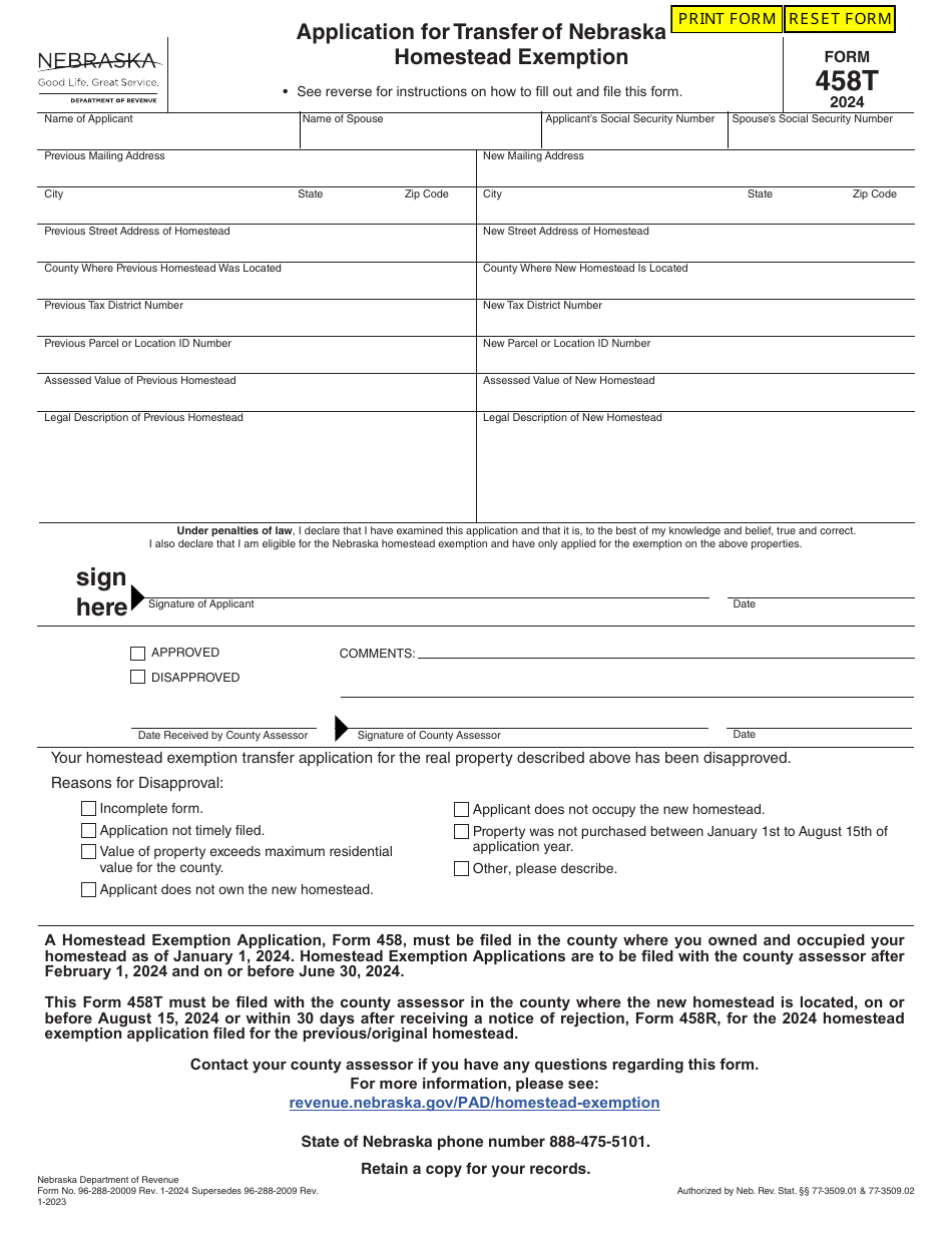 Form 458T Application for Transfer of Nebraska Homestead Exemption - Nebraska, Page 1