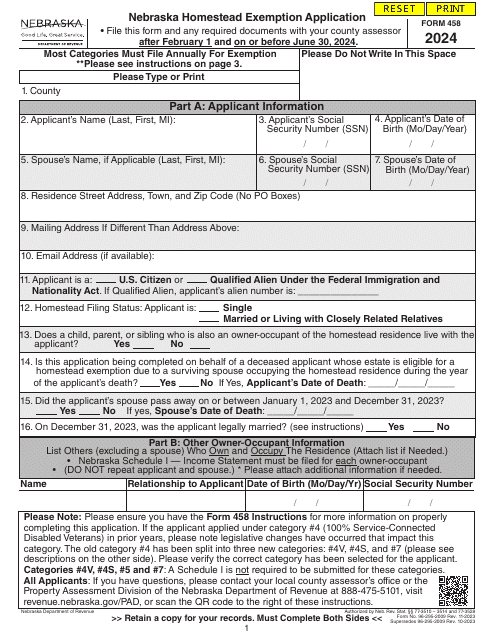 Form 458 Nebraska Homestead Exemption Application - Nebraska, 2024
