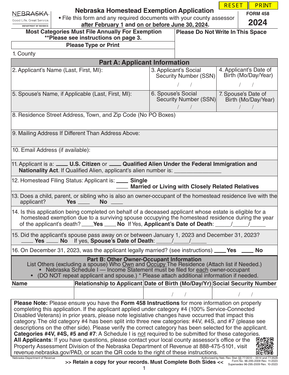 Form 458 Download Fillable PDF or Fill Online Nebraska Homestead