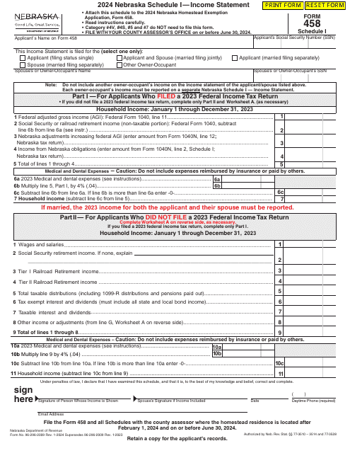 Form 458 Schedule I Income Statement - Nebraska, 2024