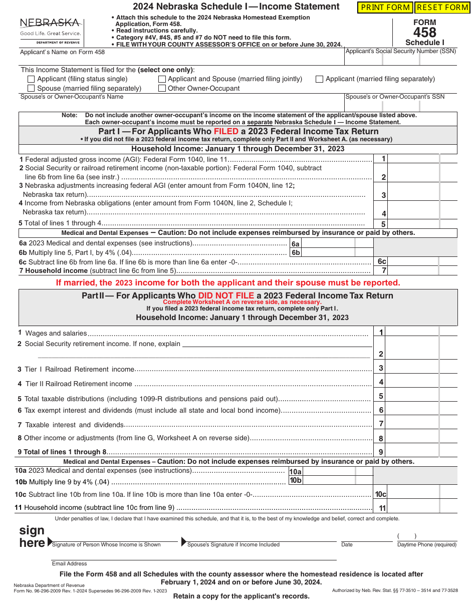 Form 458 Schedule I Download Fillable PDF or Fill Online Income ...