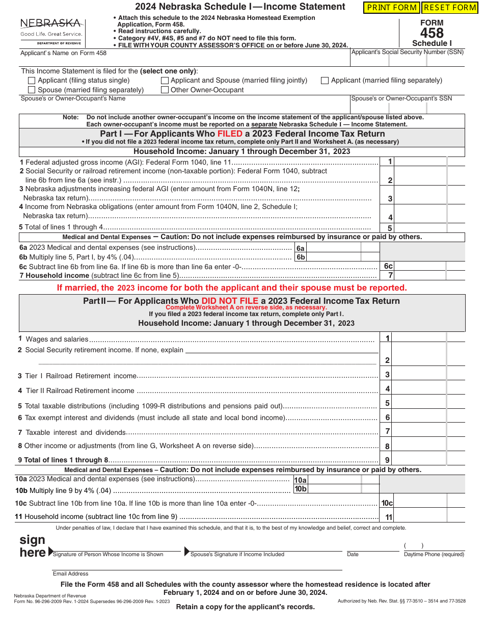 Form 458 Schedule I Income Statement - Nebraska, Page 1