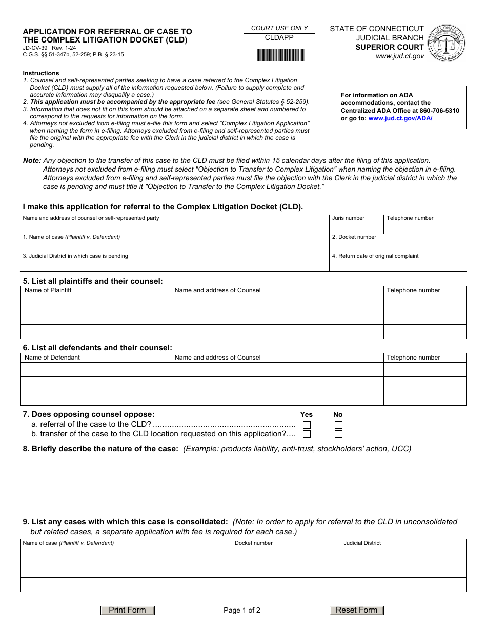 Form JD-CV-39 Download Fillable PDF or Fill Online Application for ...