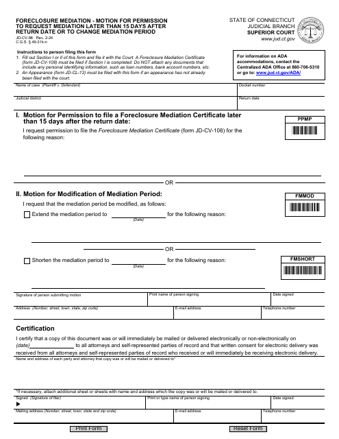 Form JD-CV-96 Foreclosure Mediation - Motion for Permission to Request Mediation Later Than 15 Days After Return Date or to Change Mediation Period - Connecticut
