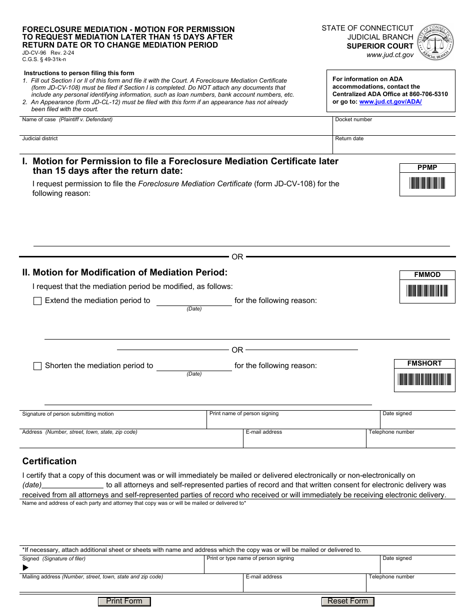 Form JD-CV-96 Foreclosure Mediation - Motion for Permission to Request Mediation Later Than 15 Days After Return Date or to Change Mediation Period - Connecticut, Page 1