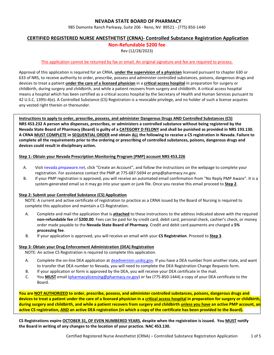 Certified Registered Nurse Anesthetist (Crna) - Controlled Substance Registration Application - Nevada, Page 1