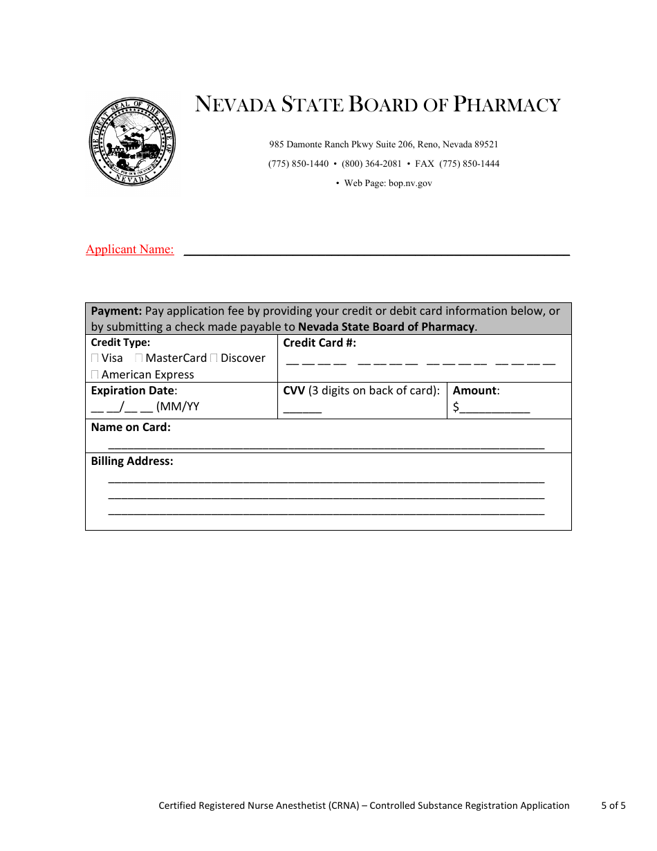 Certified Registered Nurse Anesthetist (Crna) - Controlled Substance Registration Application - Nevada, Page 5
