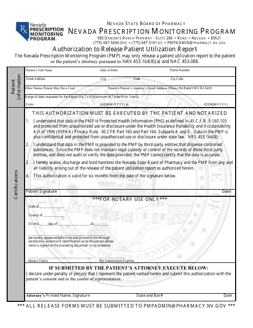 Authorization to Release Patient Utilization Report - Nevada Prescription Monitoring Program - Nevada Download Pdf