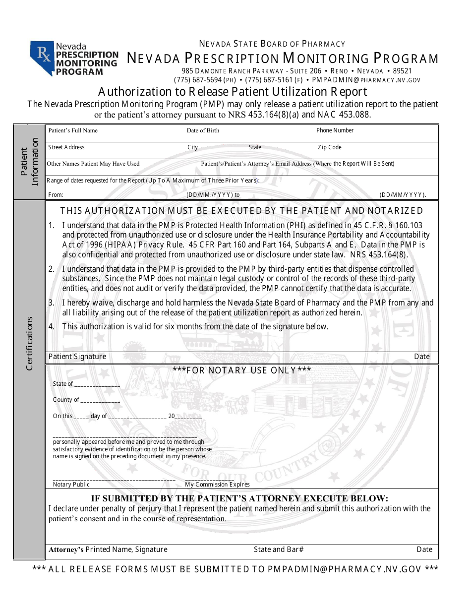 Authorization to Release Patient Utilization Report - Nevada Prescription Monitoring Program - Nevada, Page 1