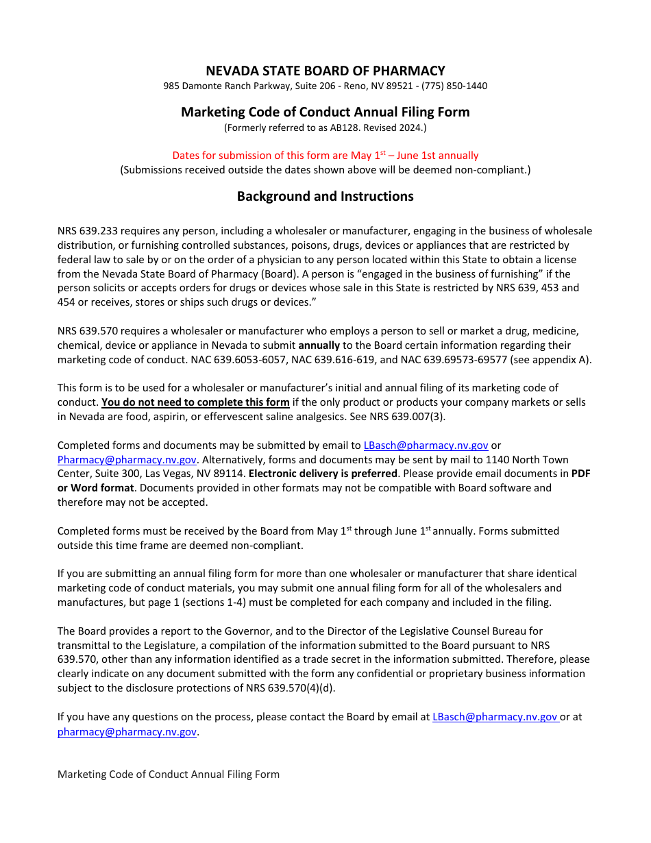 Nevada Code Program Nevada Marketing Code of Conduct Annual Filing Form Download Printable ...