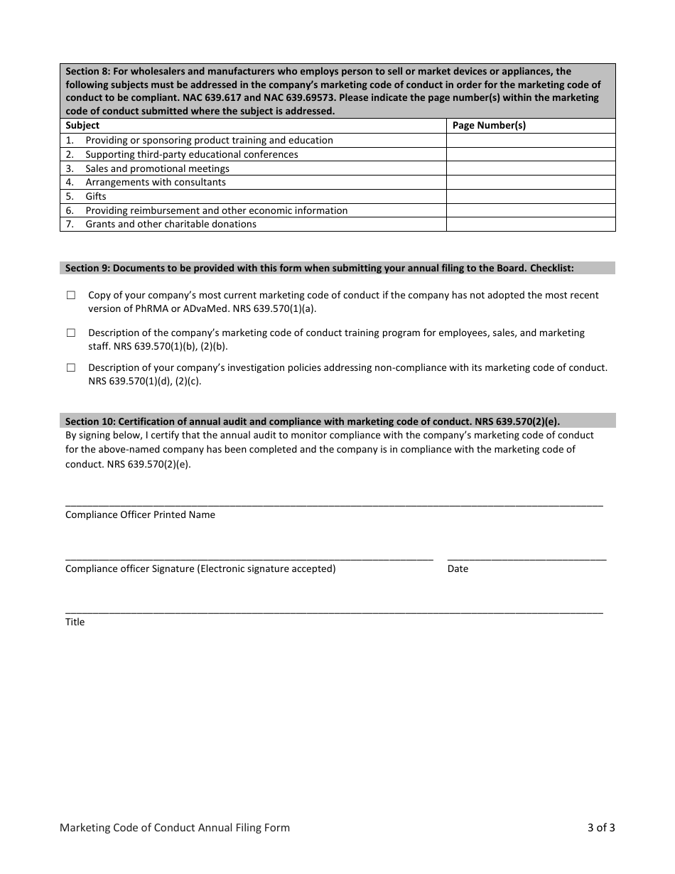 Nevada Marketing Code of Conduct Annual Filing Form - Fill Out, Sign ...