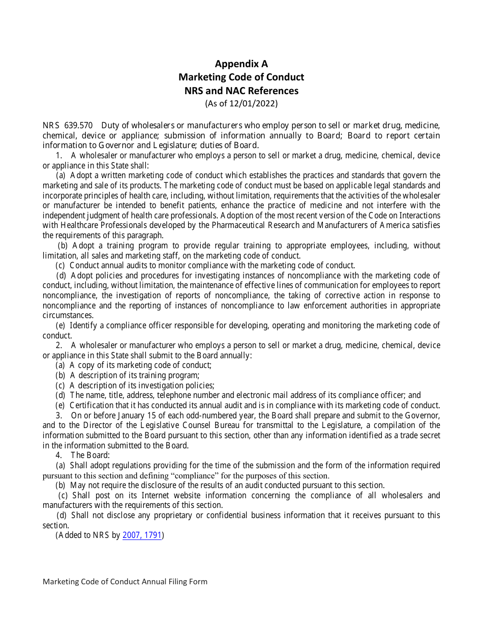 Marketing Code of Conduct Annual Filing Form - Nevada, Page 5