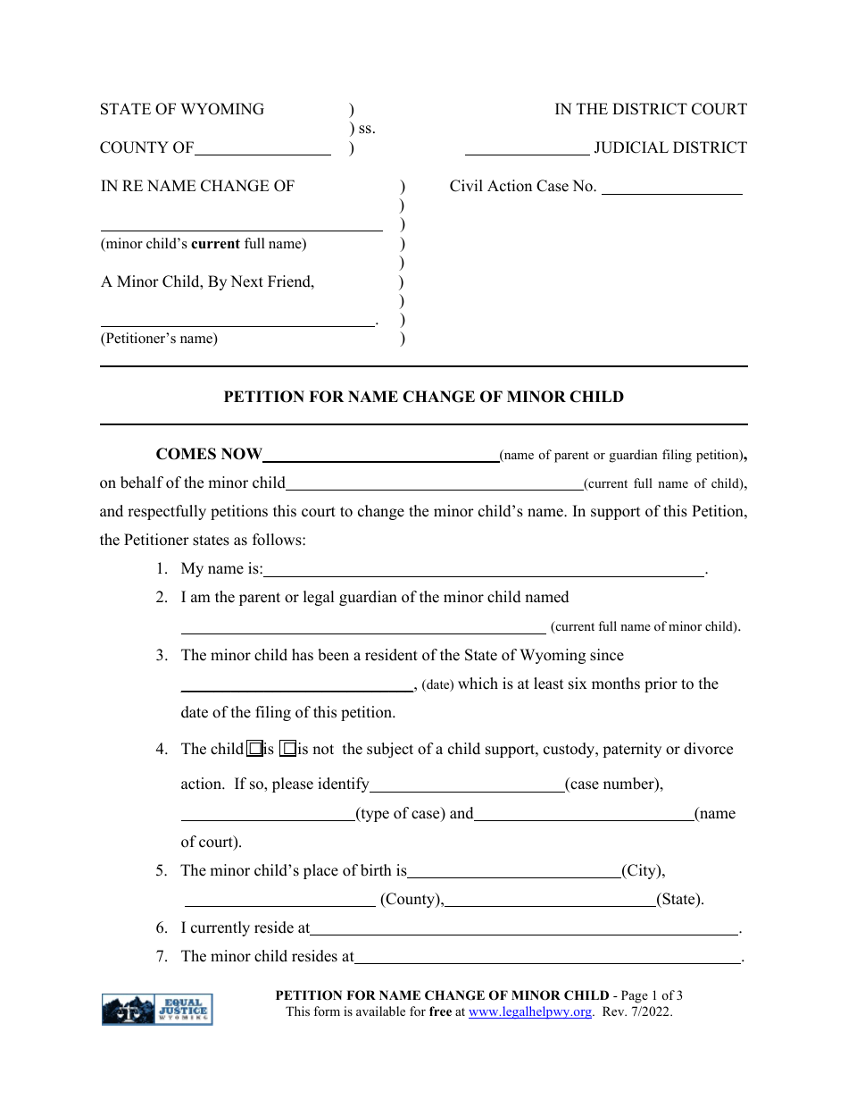 Petition for Name Change of Minor Child - Wyoming, Page 1