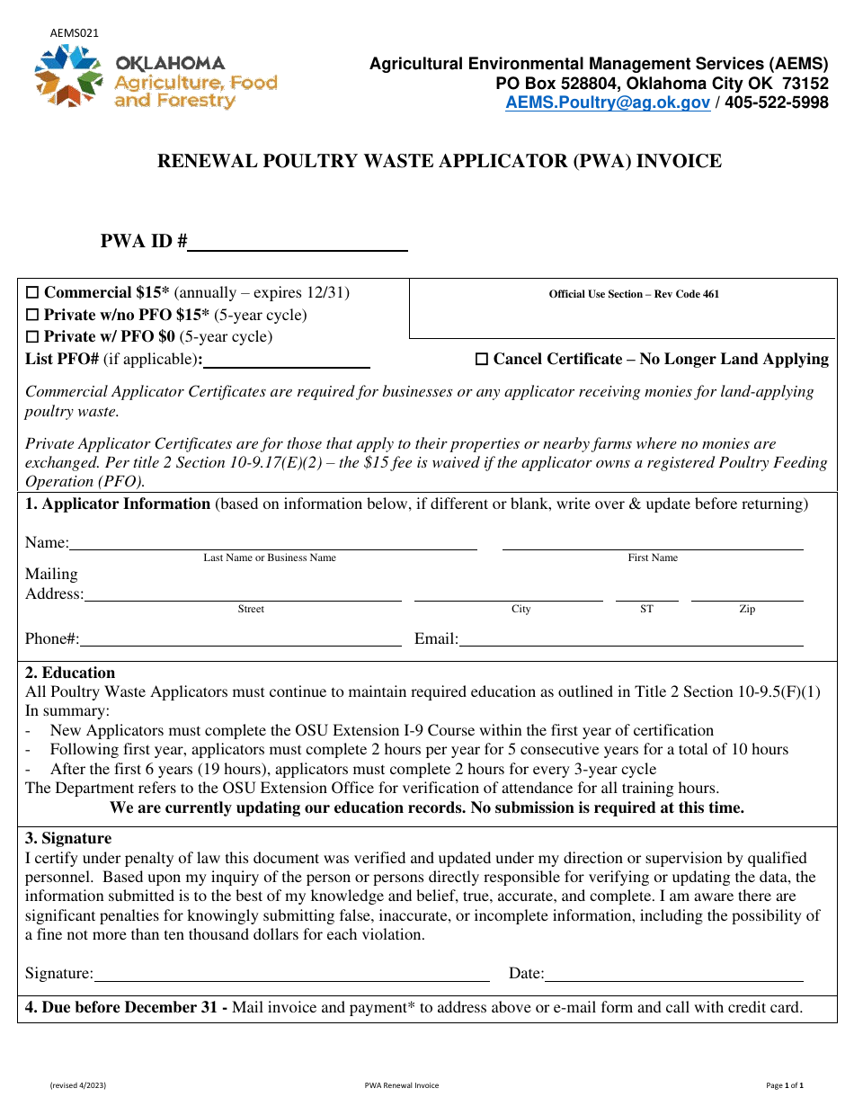 Form AEMS021 Renewal Poultry Waste Applicator (Pwa) Invoice - Oklahoma, Page 1