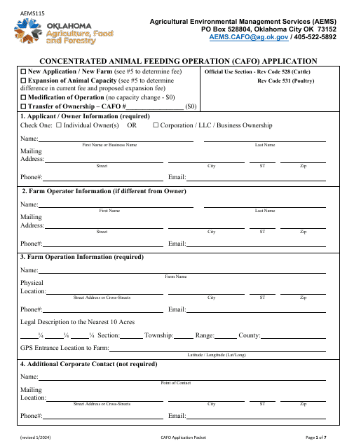 Form AEMS115 Concentrated Animal Feeding Operation (Cafo) Application - Oklahoma