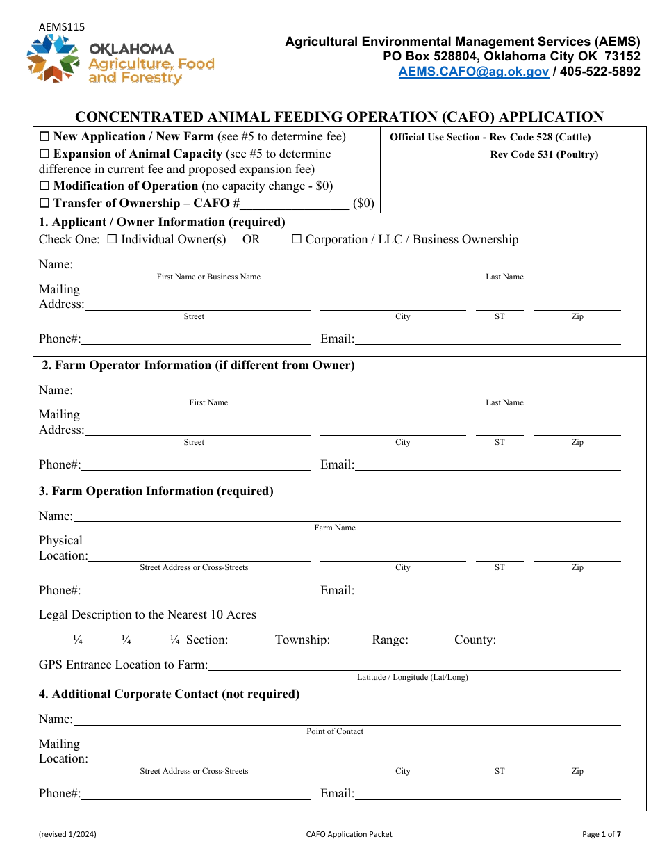 Form AEMS115 Concentrated Animal Feeding Operation (Cafo) Application - Oklahoma, Page 1