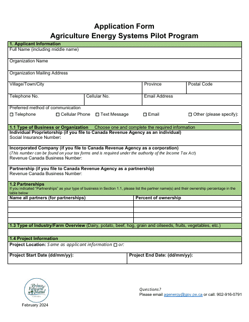 Application Form - Agriculture Energy Systems Pilot Program - Prince Edward Island, Canada Download Pdf