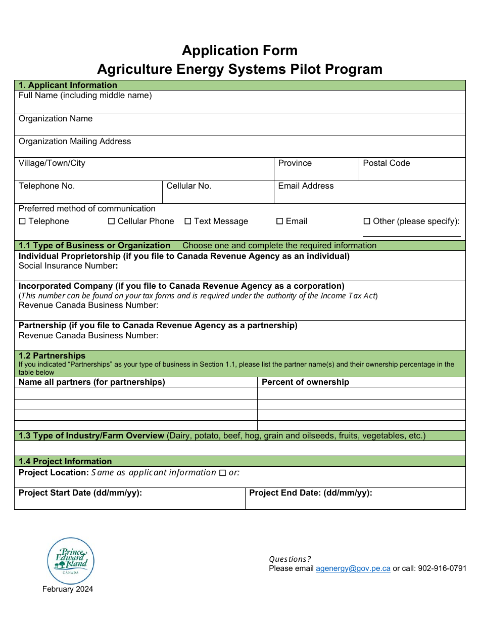 Prince Edward Island Canada Application Form - Agriculture Energy ...