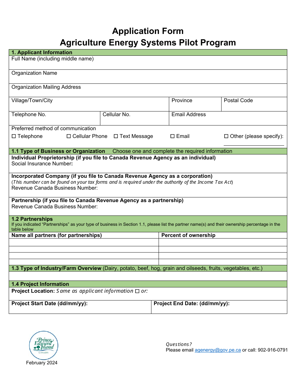 Application Form - Agriculture Energy Systems Pilot Program - Prince Edward Island, Canada, Page 1