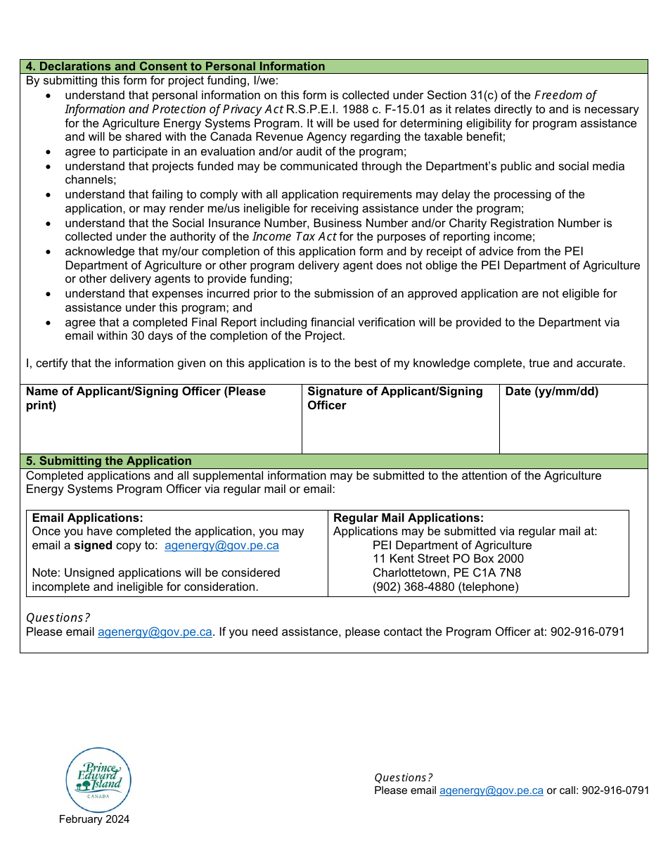Application Form - Agriculture Energy Systems Pilot Program - Prince Edward Island, Canada, Page 6
