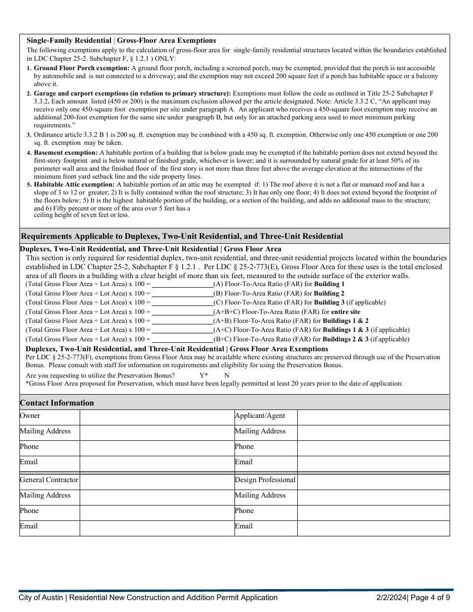 Residential New Construction and Addition Permit Application - City of Austin, Texas, Page 4