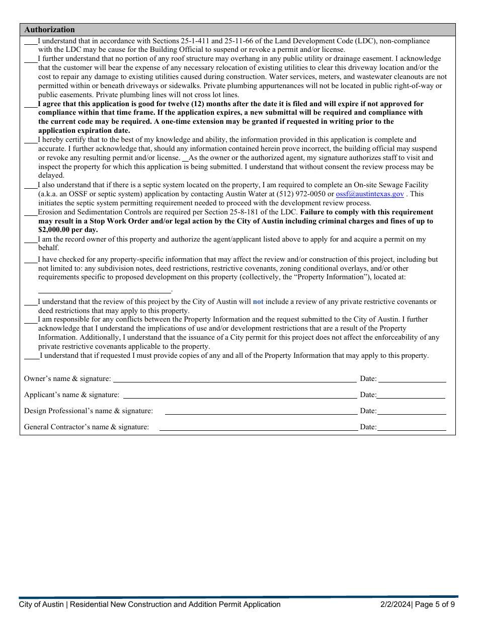 Residential New Construction and Addition Permit Application - City of Austin, Texas, Page 5