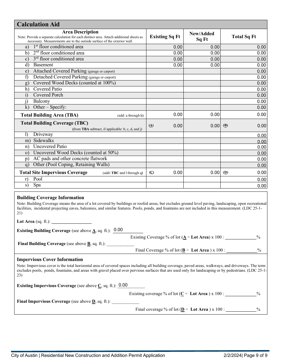 Residential New Construction and Addition Permit Application - City of Austin, Texas, Page 9