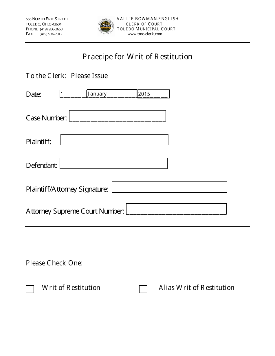 Praecipe for Writ of Restitution - City of Toledo, Ohio, Page 1