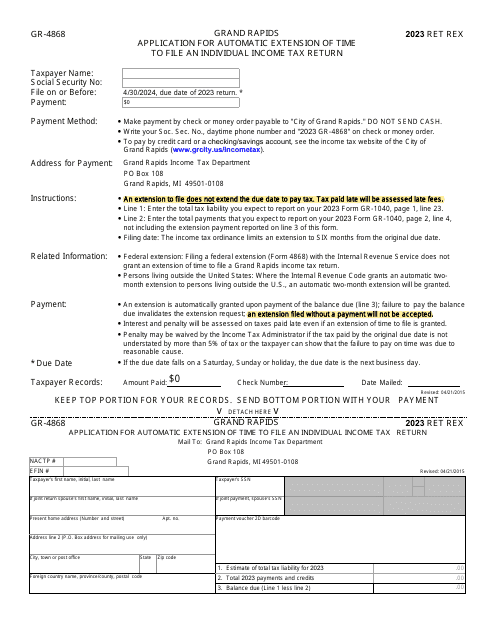 Form GR-4868 Application for Automatic Extension of Time to File an Individual Income Tax Return - City of Grand Rapids, Michigan, 2023