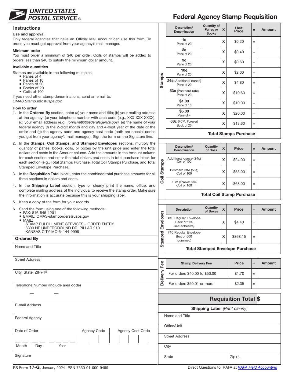 PS Form 17-G Federal Agency Stamp Requisition, Page 1